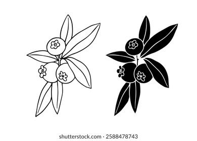 Line sketch, stamp, silhouette of wild blueberries with leaves. Vector graphics.