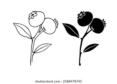 Line sketch, stamp, silhouette of wild blueberries with leaves. Vector graphics.