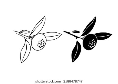 Line sketch, stamp, silhouette of wild blueberries with leaves. Vector graphics.