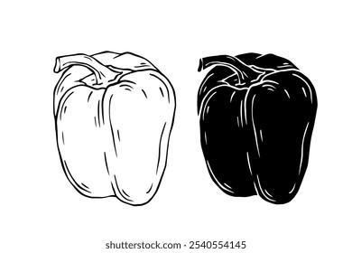 Line sketch, stamp, stencil of sweet pepper vegetables. Vector graphics.