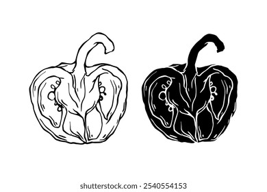 Line sketch, stamp, stencil of sweet pepper vegetables. Vector graphics.