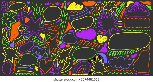 Line sketch with texture crayon chalk. Scribble hand drawn set star and speech bubble colorful on black background. Underline crayon chalk set, Vector illustration