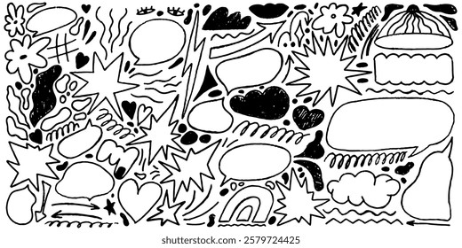 Line sketch with texture crayon chalk. Scribble hand drawn set star and speech bubble black on white background. Underline crayon chalk set, Vector illustration