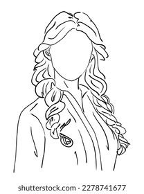 line sketch of a woman with two long braids in a shirt without a face. hand drawn sketch on a white background