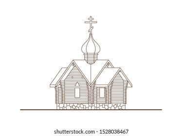 Line sketch of wooden church isolated on white background. Historical architectural building with dome and cross. Ancient temple in rustic style. Vector illustration