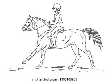 Line sketch of a young girl cantering on a sport pony.