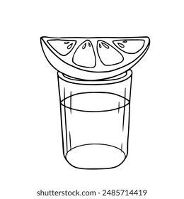 Line sketch,doodle of a glass of tequila with a piece of lime.Vector graphics.