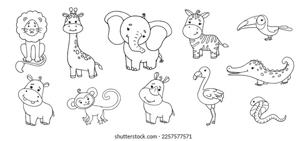 Line sketches, coloring pages of little cute animals of the African savannah. Vector graphics.