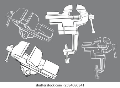 Line sketches and full color white shapes of vises