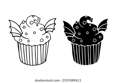 Line sketch,silhouette,stamp of creepy festive Halloween cupcakes. Vector graphics.
