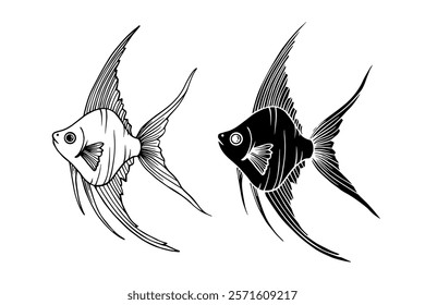 Line sketch,silhouette,stamp of decorative small fish.Vector graphics.