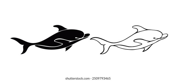 Line sketch,silhouette,stamp of marine mammal dolphin.Vector graphics.