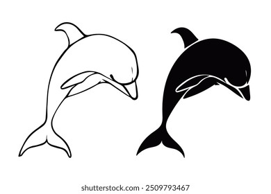 Line sketch,silhouette,stamp of marine mammal dolphin.Vector graphics.