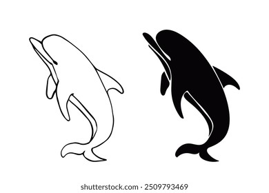 Line sketch,silhouette,stamp of marine mammal dolphin.Vector graphics.