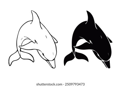 Line sketch,silhouette,stamp of marine mammal dolphin.Vector graphics.