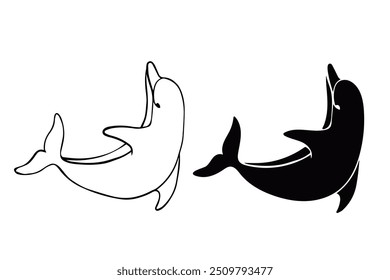 Line sketch,silhouette,stamp of marine mammal dolphin.Vector graphics.