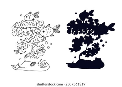 Line sketch,silhouette,stamp of shaggy seaweed with fish and shells.Vector graphics.