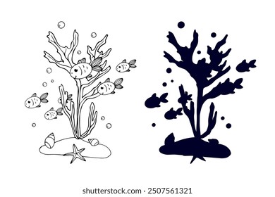 Line sketch,silhouette,stamp of shaggy seaweed with fish and shells.Vector graphics.