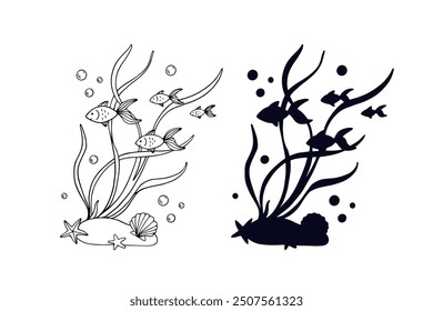 Line sketch,silhouette,stamp of shaggy seaweed with fish and shells.Vector graphics.