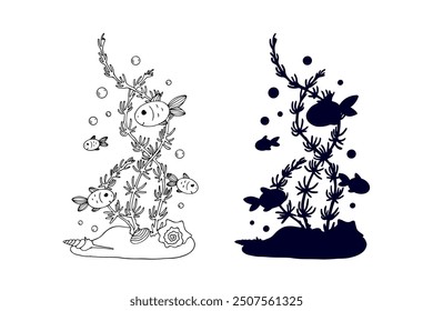 Line sketch,silhouette,stamp of shaggy seaweed with fish and shells.Vector graphics.