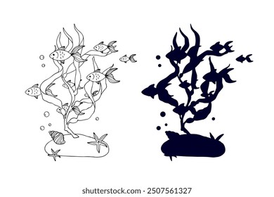 Line sketch,silhouette,stamp of shaggy seaweed with fish and shells.Vector graphics.