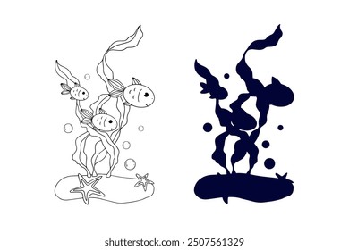 Line sketch,silhouette,stamp of shaggy seaweed with fish and shells.Vector graphics.