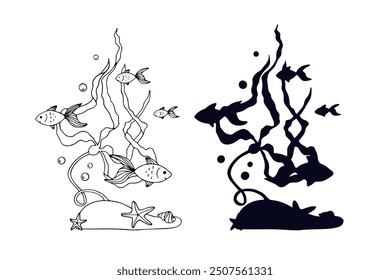 Line sketch,silhouette,stamp of shaggy seaweed with fish and shells.Vector graphics.