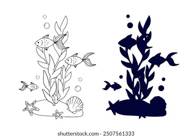 Line sketch,silhouette,stamp of shaggy seaweed with fish and shells.Vector graphics.