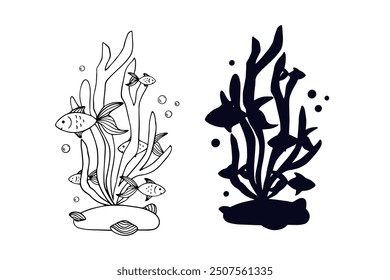 Line sketch,silhouette,stamp of shaggy seaweed with fish and shells.Vector graphics.