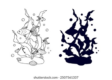 Line sketch,silhouette,stamp of shaggy seaweed with fish and shells.Vector graphics.