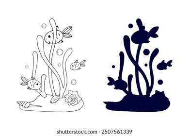 Line sketch,silhouette,stamp of shaggy seaweed with fish and shells.Vector graphics.