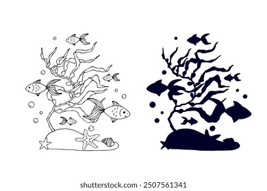 Line sketch,silhouette,stamp of shaggy seaweed with fish and shells.Vector graphics.