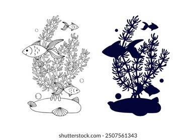 Line sketch,silhouette,stamp of shaggy seaweed with fish and shells.Vector graphics.