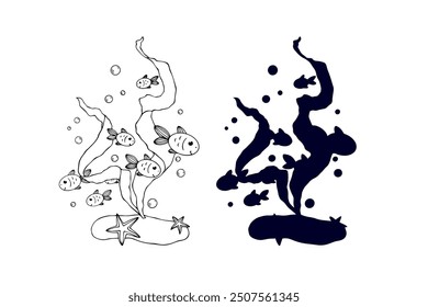 Line sketch,silhouette,stamp of shaggy seaweed with fish and shells.Vector graphics.