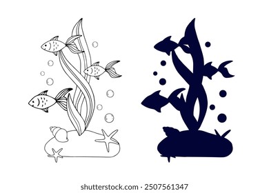 Line sketch,silhouette,stamp of shaggy seaweed with fish and shells.Vector graphics.