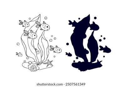 Line sketch,silhouette,stamp of shaggy seaweed with fish and shells.Vector graphics.