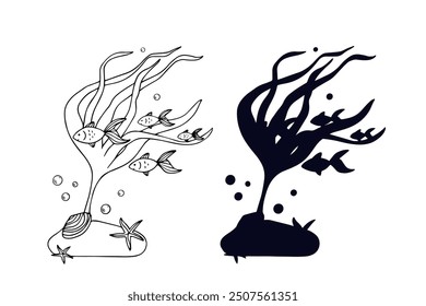 Line sketch,silhouette,stamp of shaggy seaweed with fish and shells.Vector graphics.