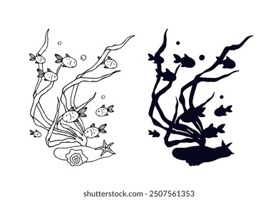 Line sketch,silhouette,stamp of shaggy seaweed with fish and shells.Vector graphics.