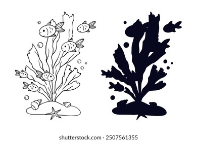 Line sketch,silhouette,stamp of shaggy seaweed with fish and shells.Vector graphics.