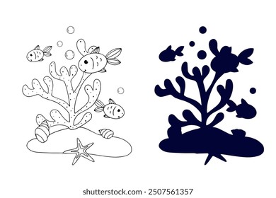 Line sketch,silhouette,stamp of shaggy seaweed with fish and shells.Vector graphics.