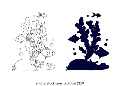 Line sketch,silhouette,stamp of shaggy seaweed with fish and shells.Vector graphics.