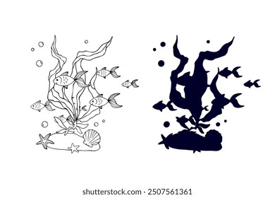 Line sketch,silhouette,stamp of shaggy seaweed with fish and shells.Vector graphics.