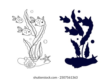 Line sketch,silhouette,stamp of shaggy seaweed with fish and shells.Vector graphics.