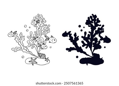 Line sketch,silhouette,stamp of shaggy seaweed with fish and shells.Vector graphics.