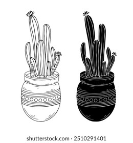 Line sketch,silhouette,stamp of succulent flowers,cactus in flowerpot.Vector graphics.