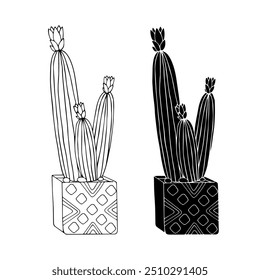 Line sketch,silhouette,stamp of succulent flowers,cactus in flowerpot.Vector graphics.