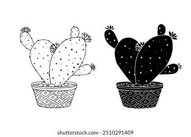 Line sketch,silhouette,stamp of succulent flowers,cactus in flowerpot.Vector graphics.