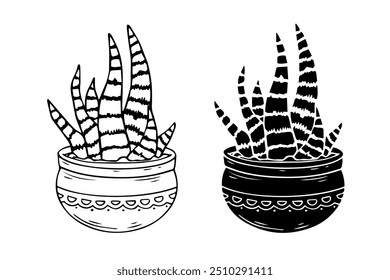 Line sketch,silhouette,stamp of succulent flowers,cactus in flowerpot.Vector graphics.