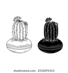 Line sketch,silhouette,stamp of succulent flowers,cactus in flowerpot.Vector graphics.