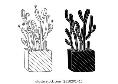 Line sketch,silhouette,stamp of succulent flowers,cactus in flowerpot.Vector graphics.